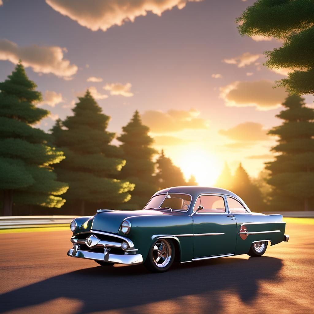 1953 Ford Flipnose on Racetrack in Anime Art