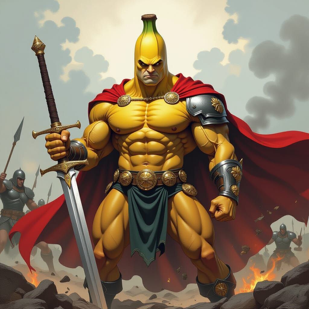 Muscular Banana Warrior on Battlefield in Fantasy Art Style