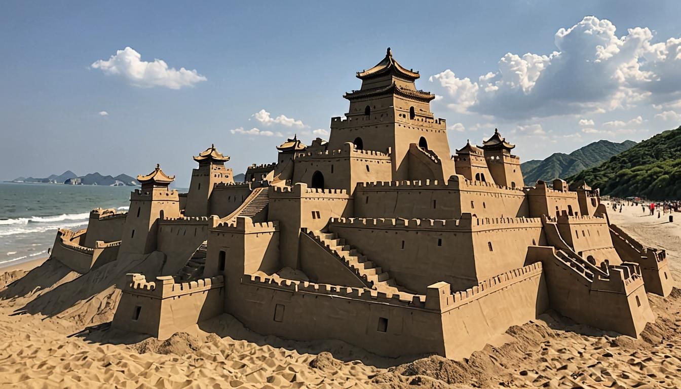 Ephemeral Great Wall of China in Sandcastle Form on Beach