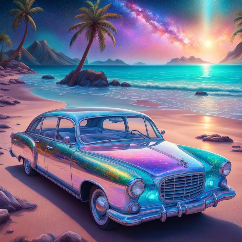 Glass Car with Beach Scene in Cosmic Style