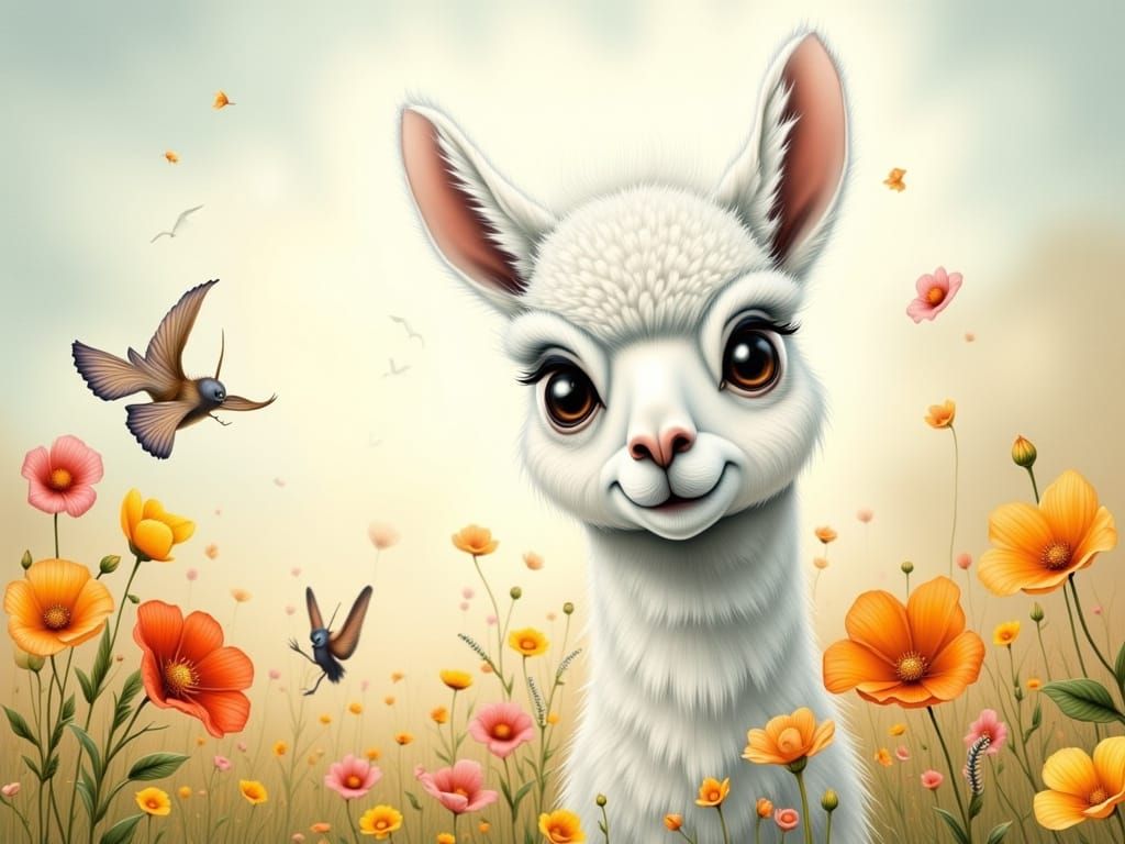 Whimsical Llama in a Vibrant Floral Field in Ethereal Style