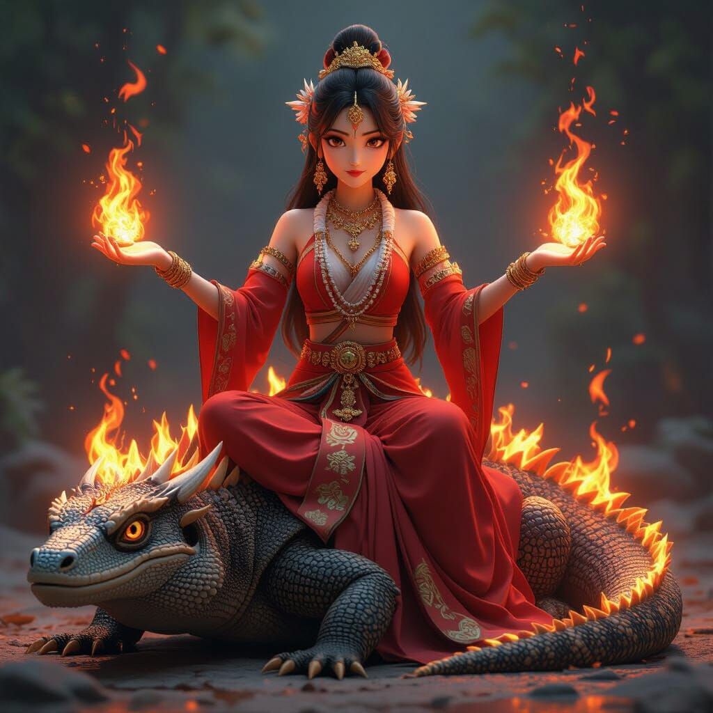 Fire Goddess Unity on Komodo Dragon, Indian Japanese Bengali...