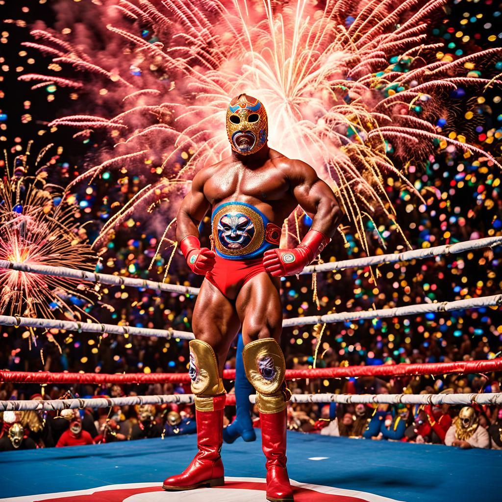Opulent Luchador Wrestler in Ring with Fireworks