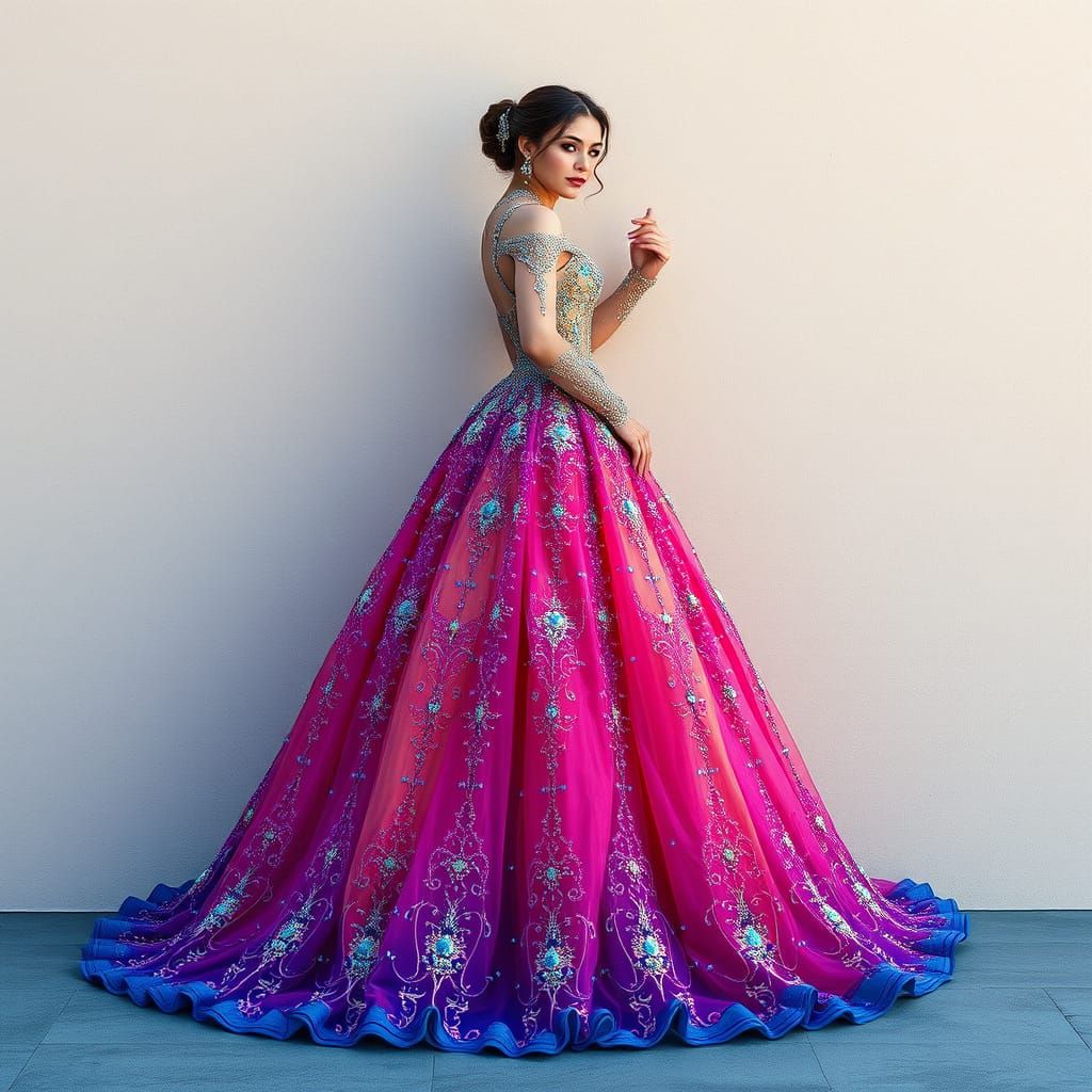 Rainbow Beaded Ball Gown in Hyperrealistic Detail