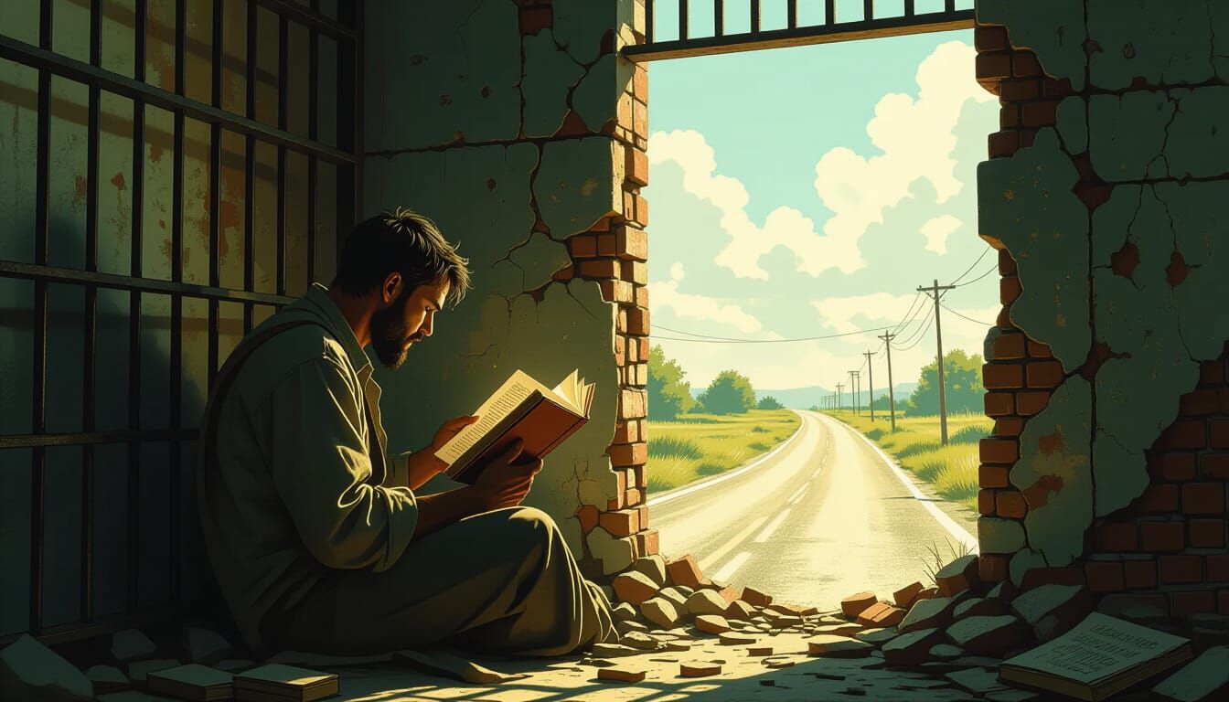 Prisoner Escapes Through Book in Mystical Realism Style