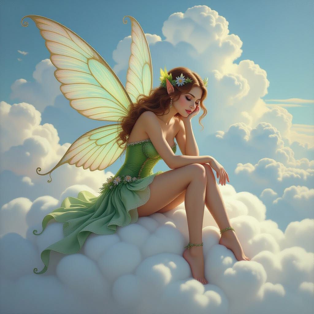 Fantasy Fairy Rests on Cloud in Oil Painting