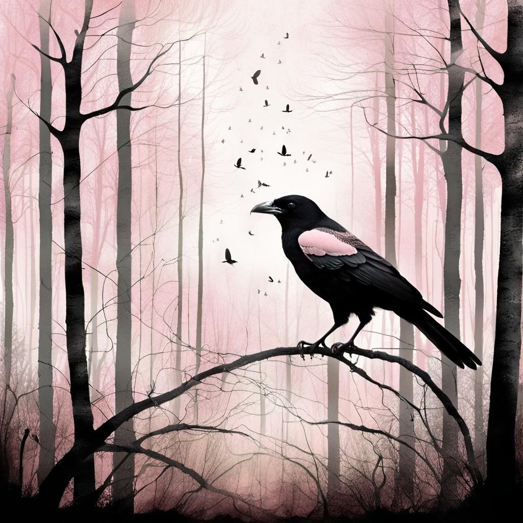 Crow in Woods, Pale Pink Art Style