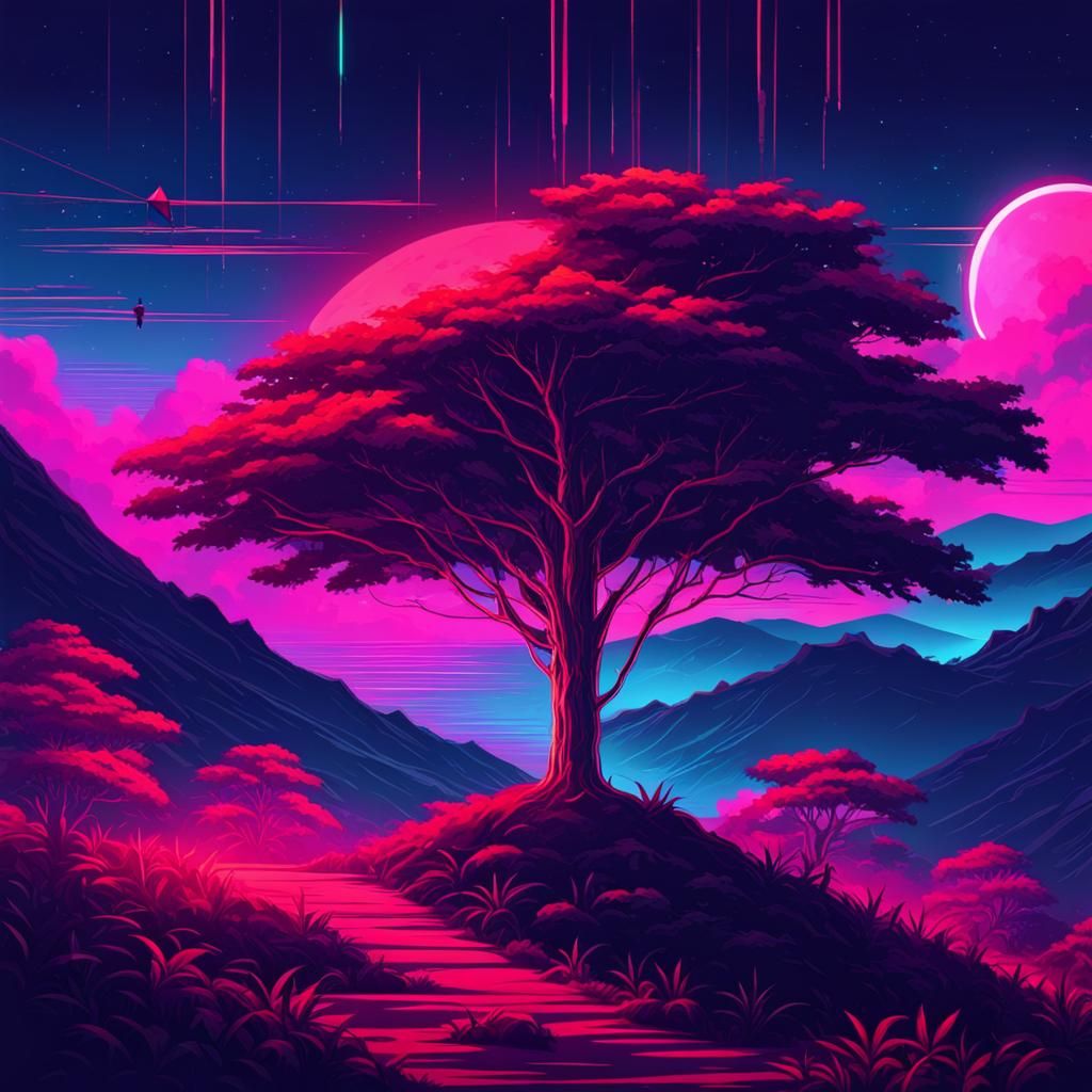 Red Umbrella in Tree: Synthwave Neon Scene