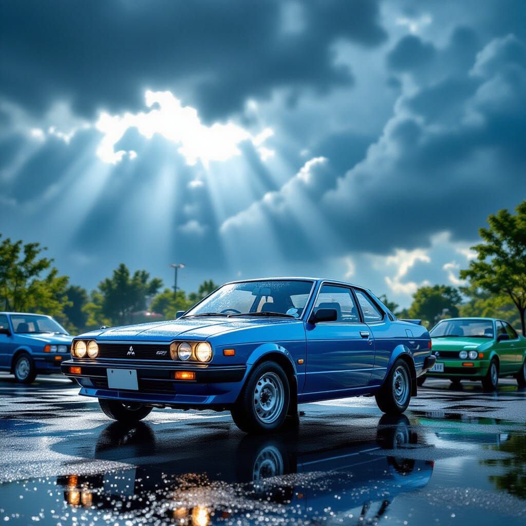 Blue Mitsubishi Celeste in Dramatic Sunny-Stormy Park Scene