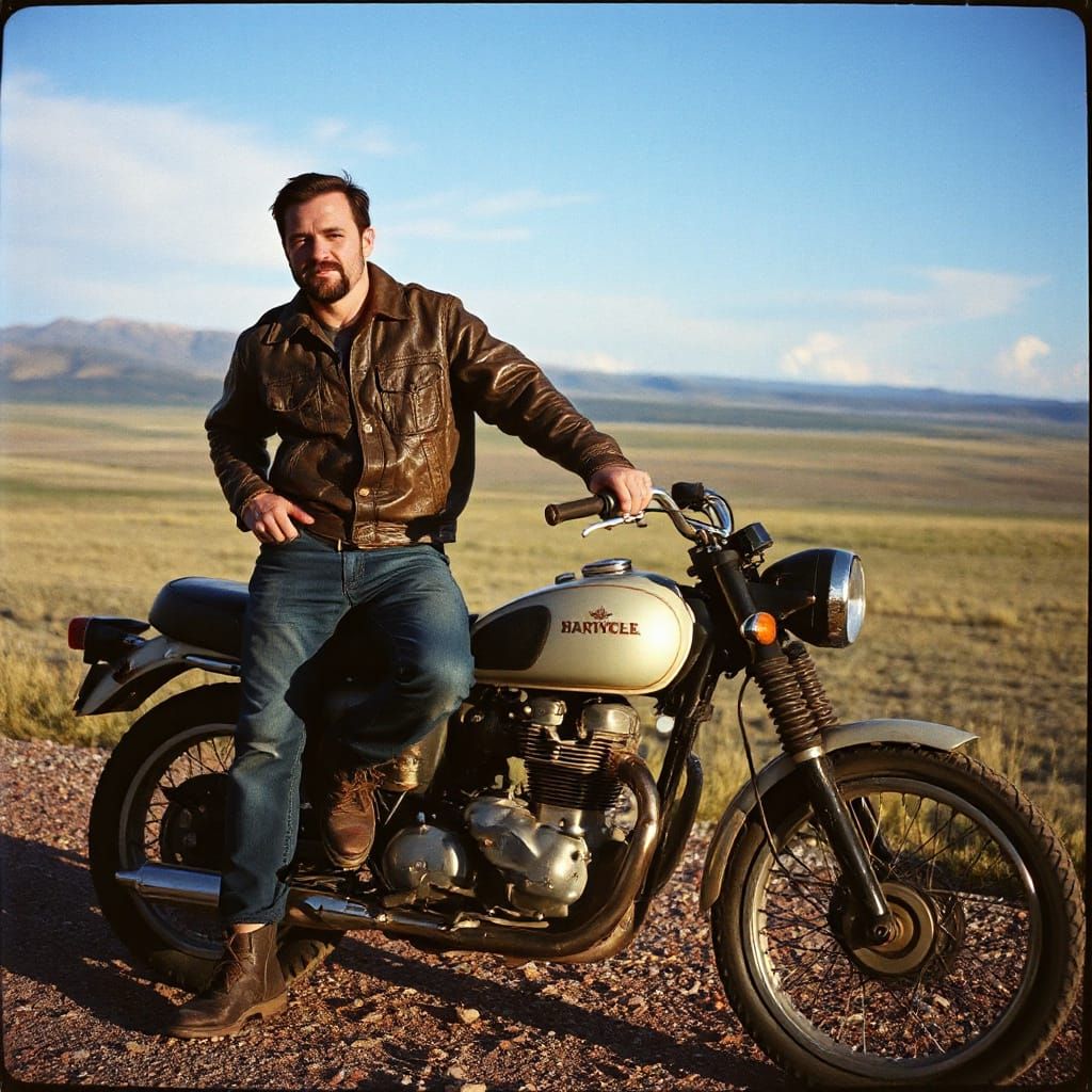 Man on Motorcycle: 1970s Nostalgic 35mm Film Photo