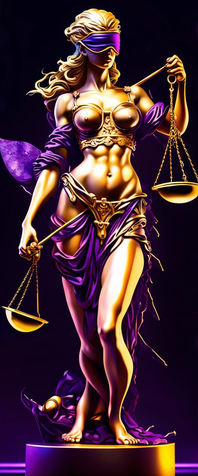 Cyberpunk Lady Justice with Golden Scales and Sword