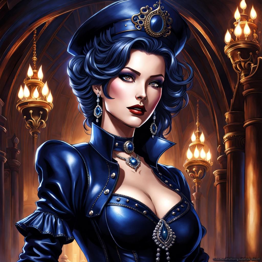 Gothic Cinderella in Dark Blue Leather Outfit