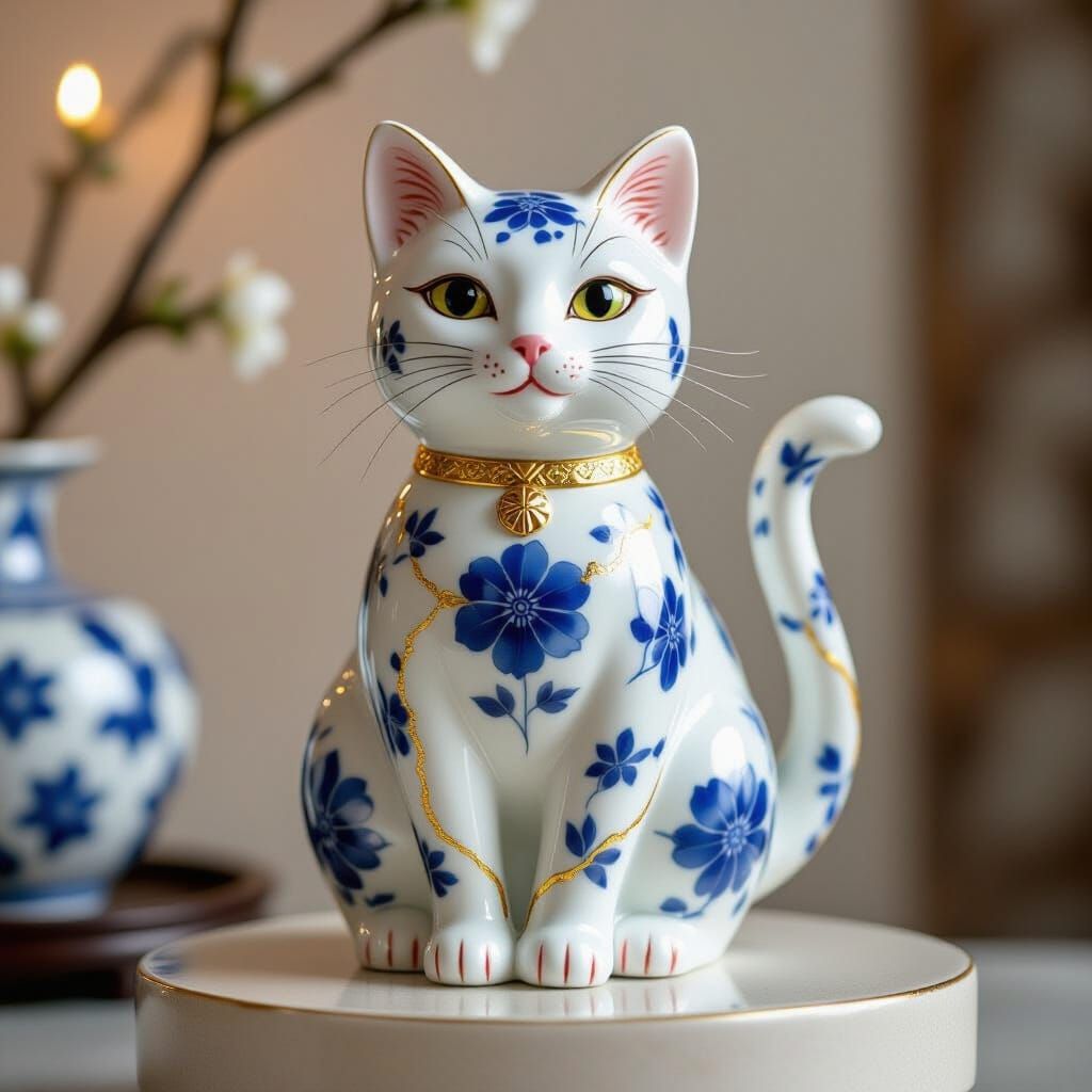 Blue Floral Porcelain Cat with Gold Kintsugi