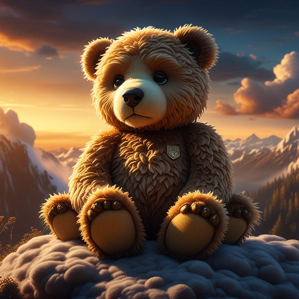 Fantasy Teddy Bear on Cloud in Golden Hour Light