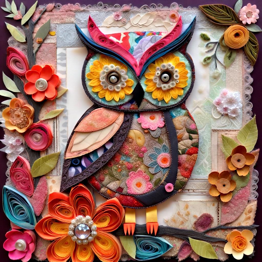 Patchwork Owl in Blossoms: Mixed Media Collage Art