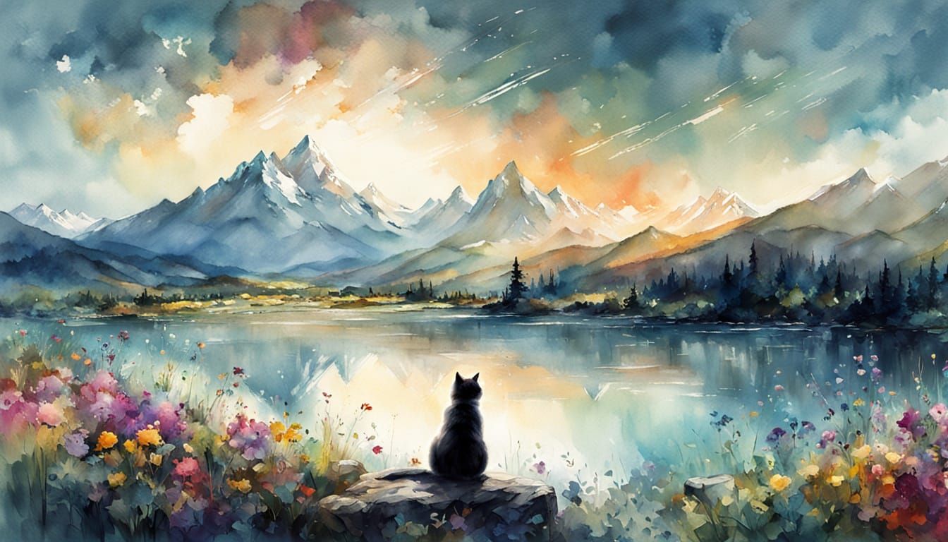 Watercolor Masterpiece of Girl, Cat, and Vibrant Landscape