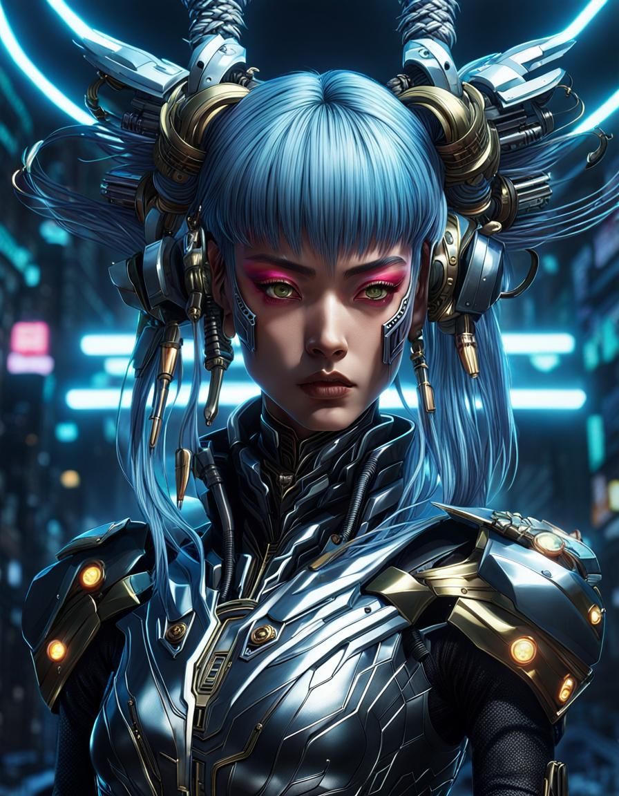 Cyborg Anime Villain Performing Magic in Cyberpunk Style