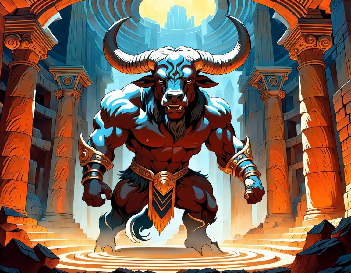 Powerful Minotaur Portrait in Ancient Greece Labyrinth