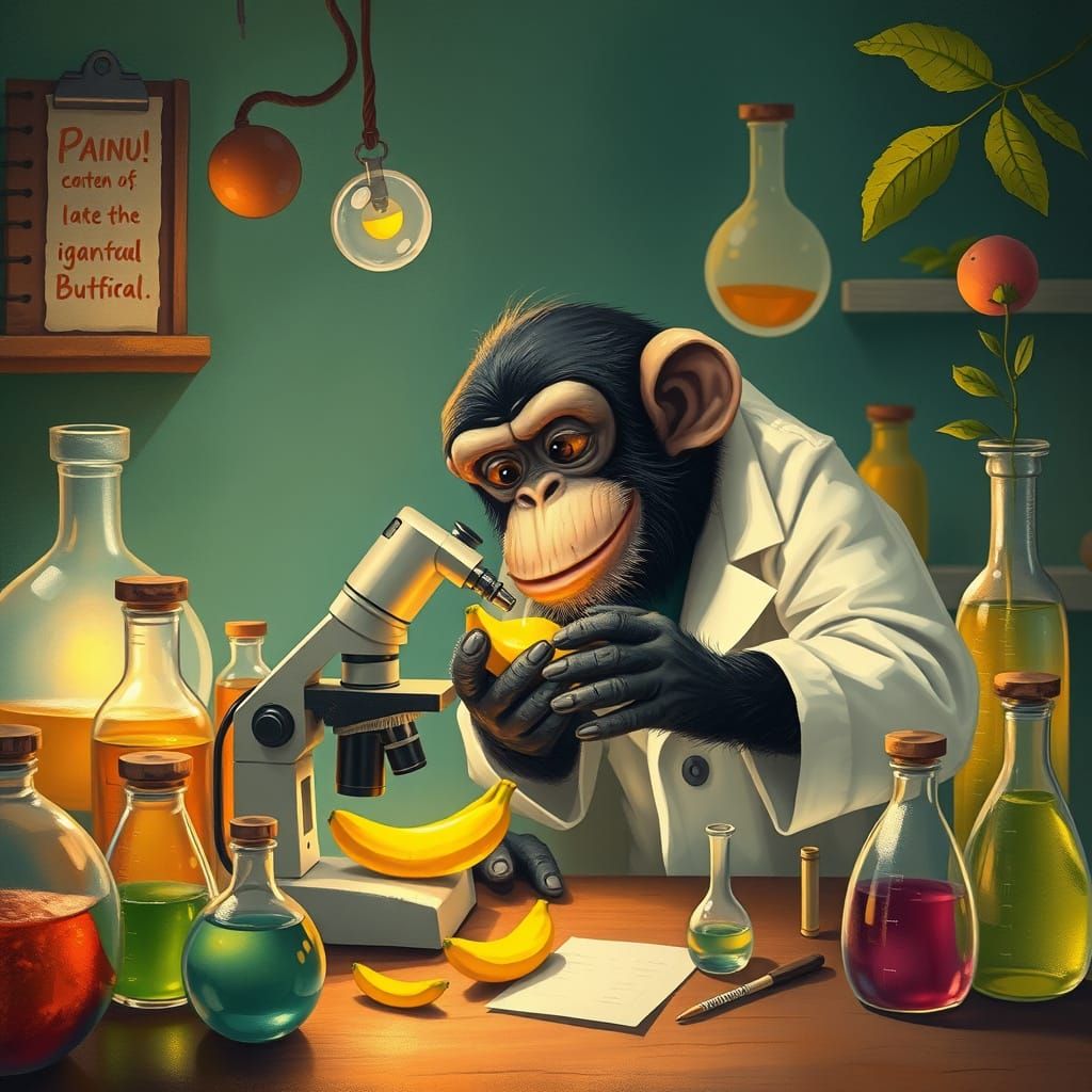 Chimpanzee Scientist Analyzing Glowing Bananas