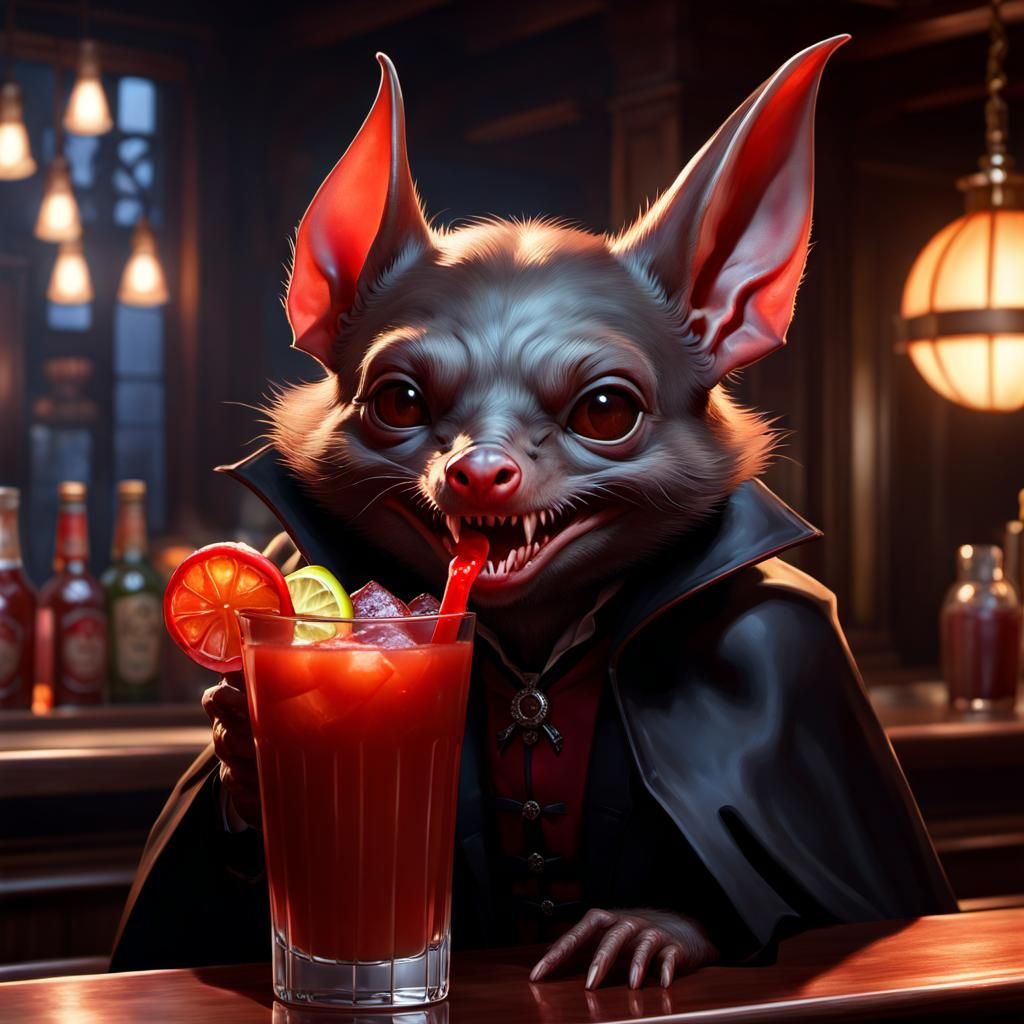 Vampire Bat Drinks Bloody Mary, Hyperdetailed Concept Art