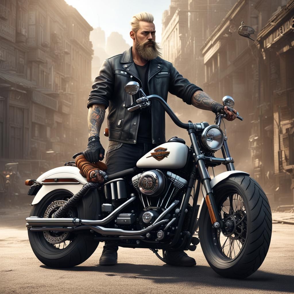 "white background", handsome biker dude with blonde ponytail...