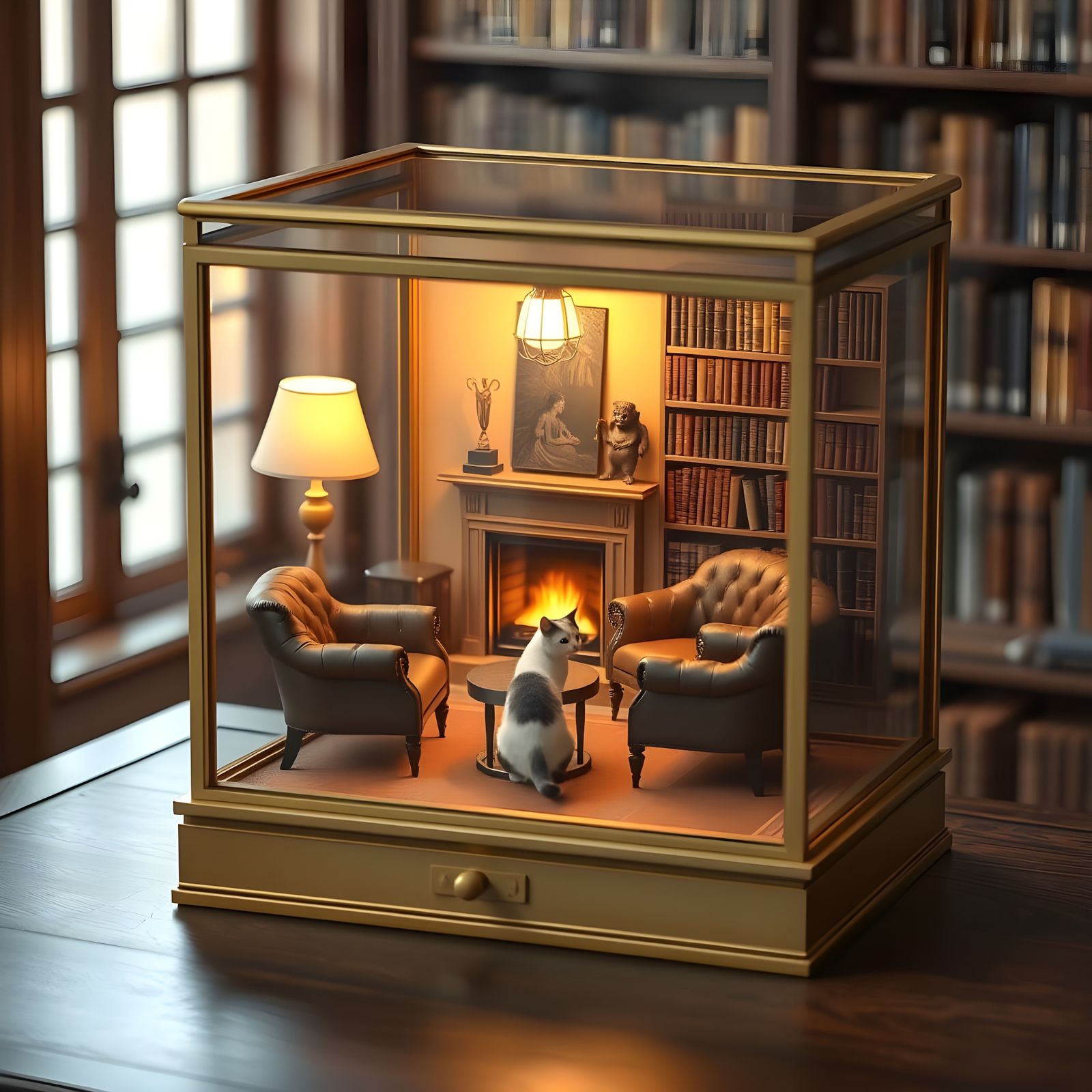 Cozy Golden Study Chamber with Feline Friend