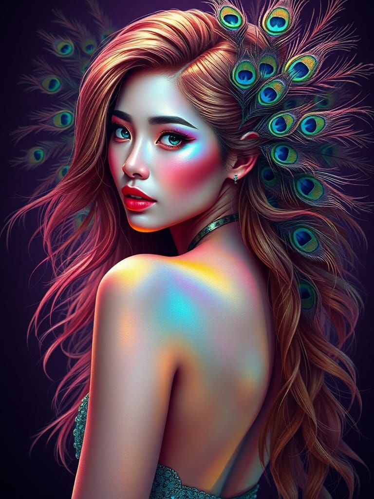 Iridescent Woman with Peacock Feathers, Hyper-realism Style