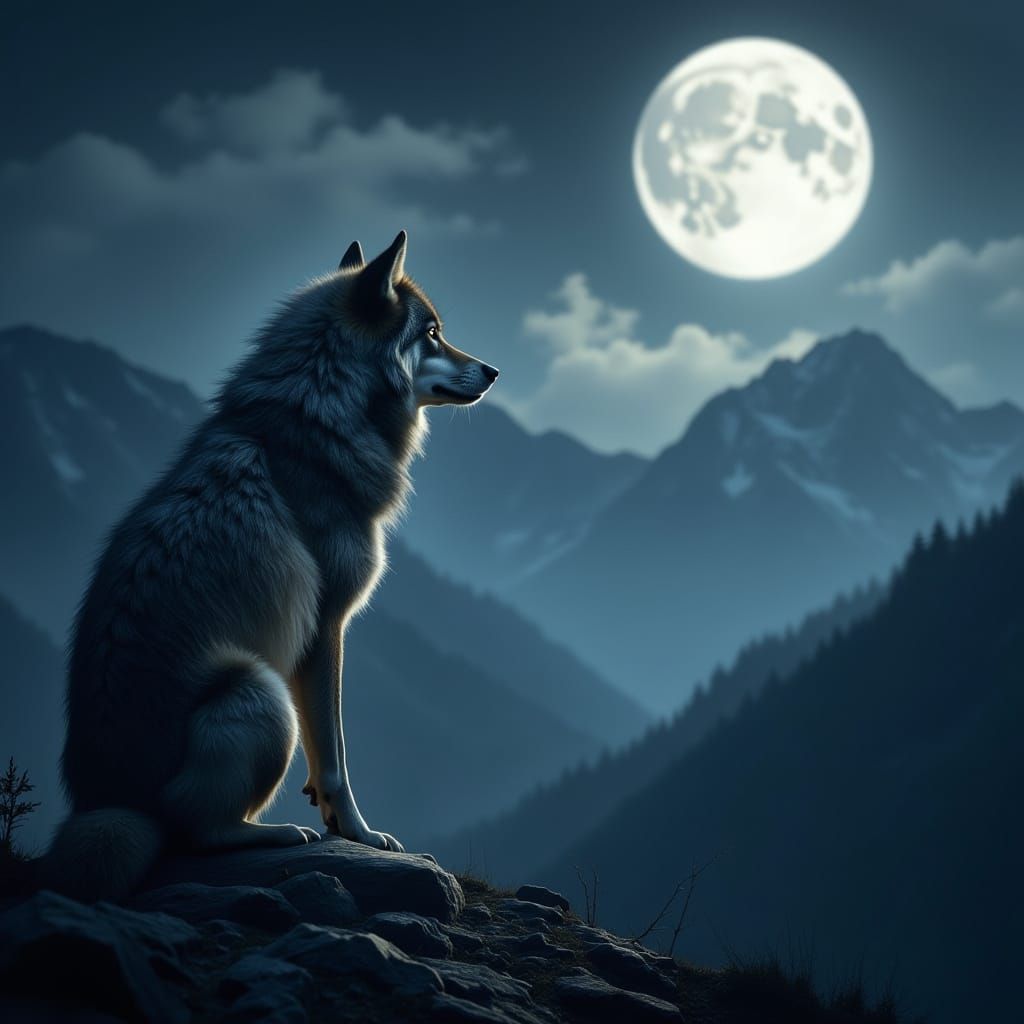 Wolf Gazing at Moon in Hyperrealistic Mountain Landscape