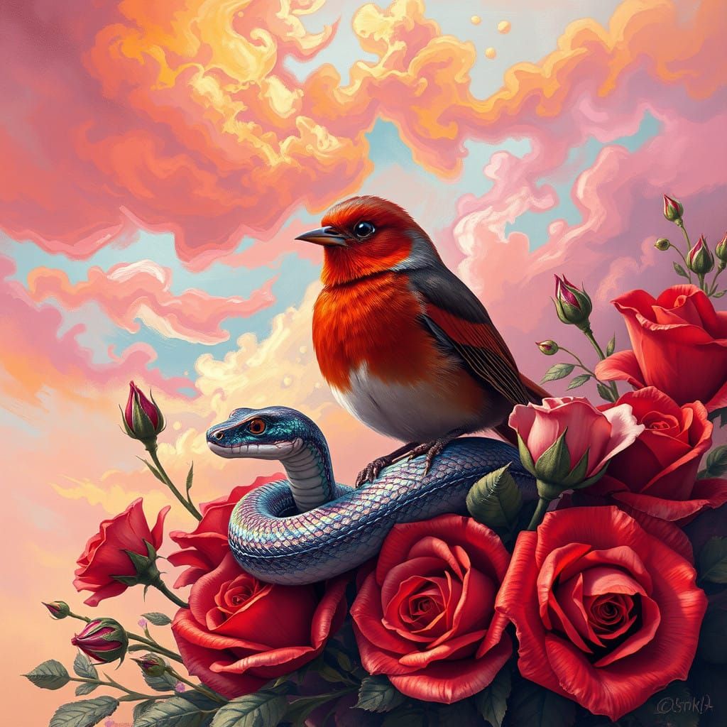 Whimsical Robin and Serpent Amidst Vibrant Wild Roses