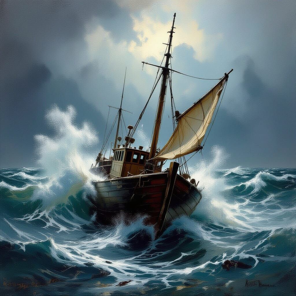 Stormy Seas: Fishing Boat Destroyed in Turbulent Ocean