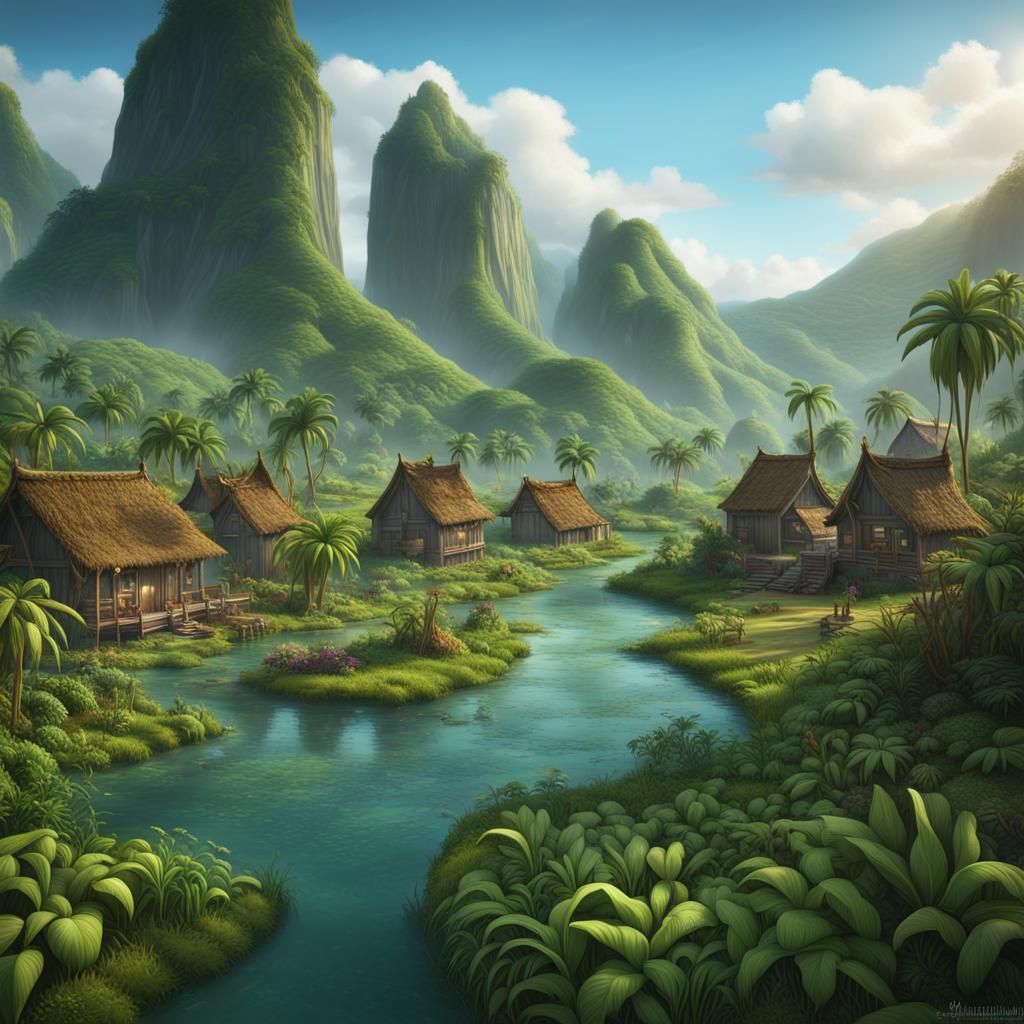 Lush Island Landscape in Detailed Matte Painting
