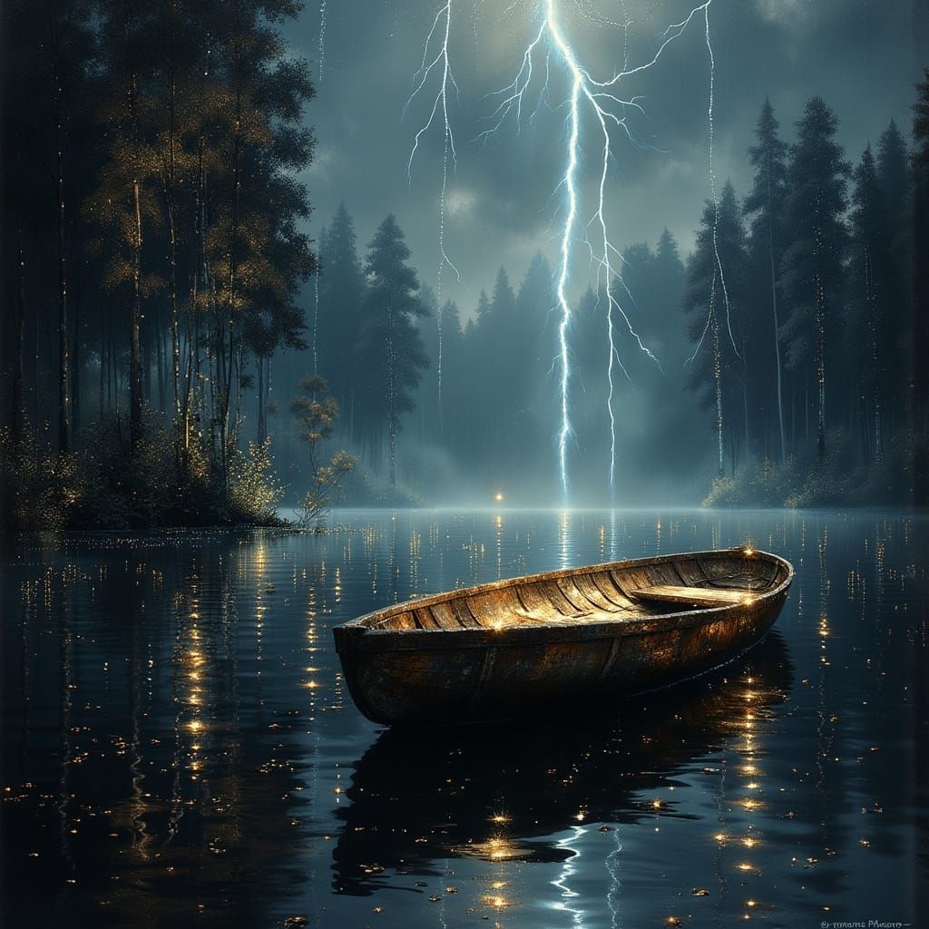 Magical Light Falls on Abandoned Rowboat Filled with Books