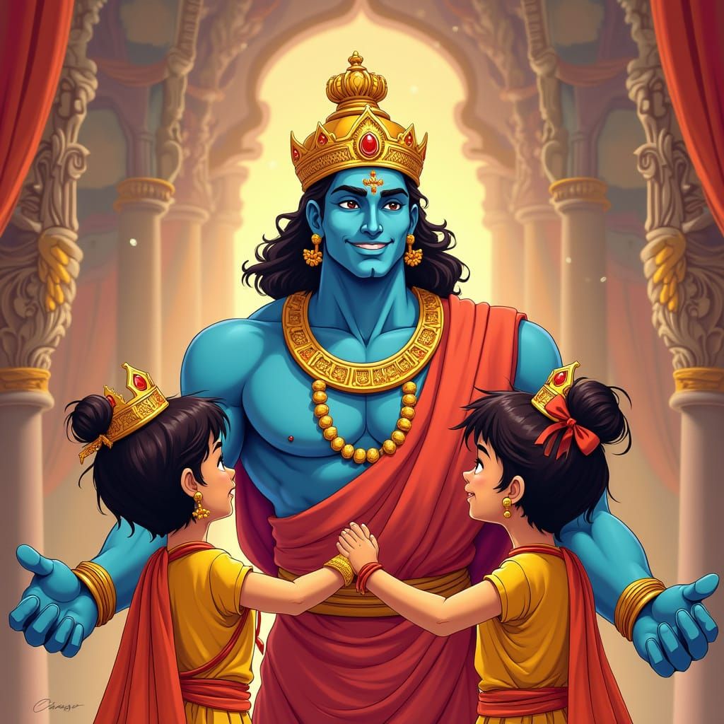 Sri Ram Coronation in Vibrant Cartoon Style