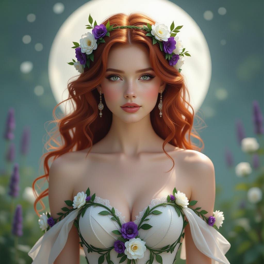 Ethereal Redhead in Floral Crown: Digital Art