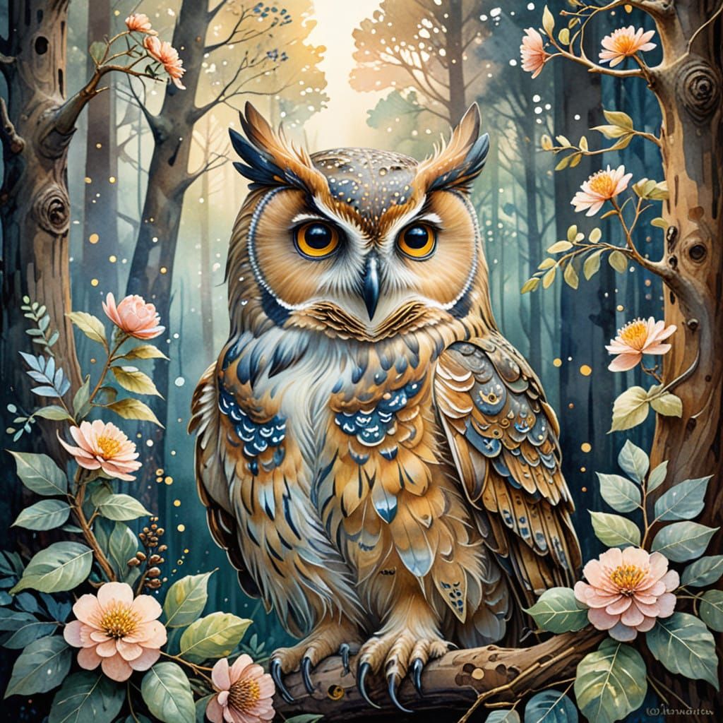 Whimsical Watercolor Owl in Enchanted Forest