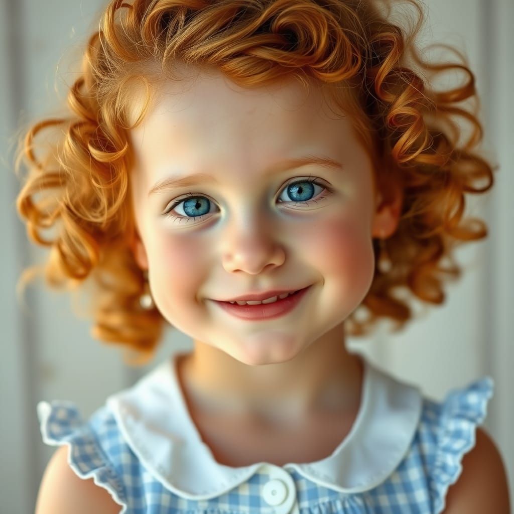 A photo-realistic image of a young girl in a light blue and white gingham dress with white eyelet trim at the hem and a ...