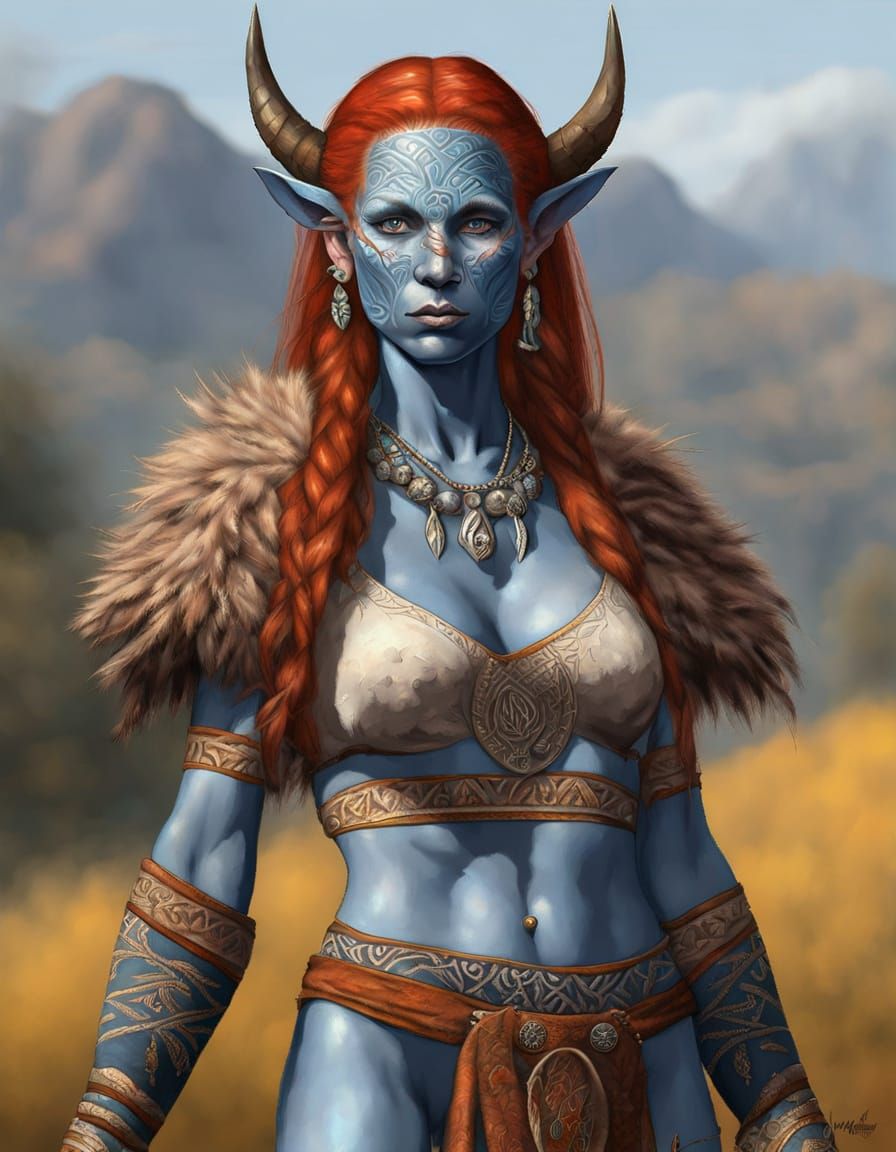 Hyperrealistic Blue-Skinned Shaman in Tribal Clothing