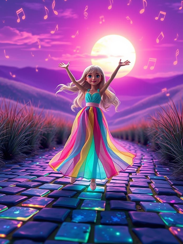 Patchwork Doll Twirling in Surreal Landscape