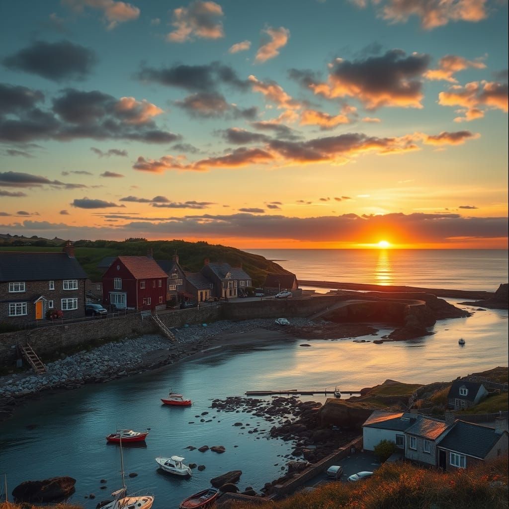 Quaint Northumberland Village at Sunset: Retro Rustic Image