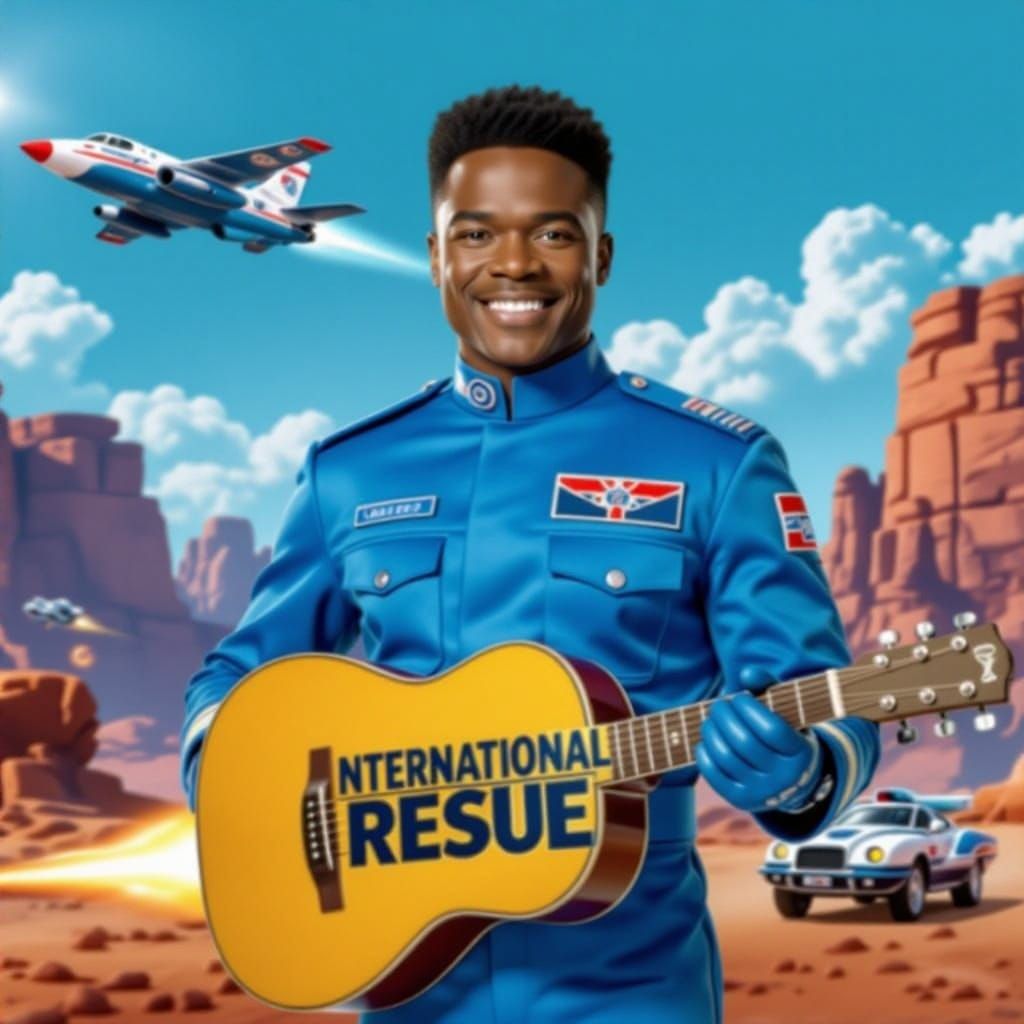 Scott Tracy (Thunderbirds Are Go) in his blue uniform with the words "International Rescue" blended with the African-Ame...