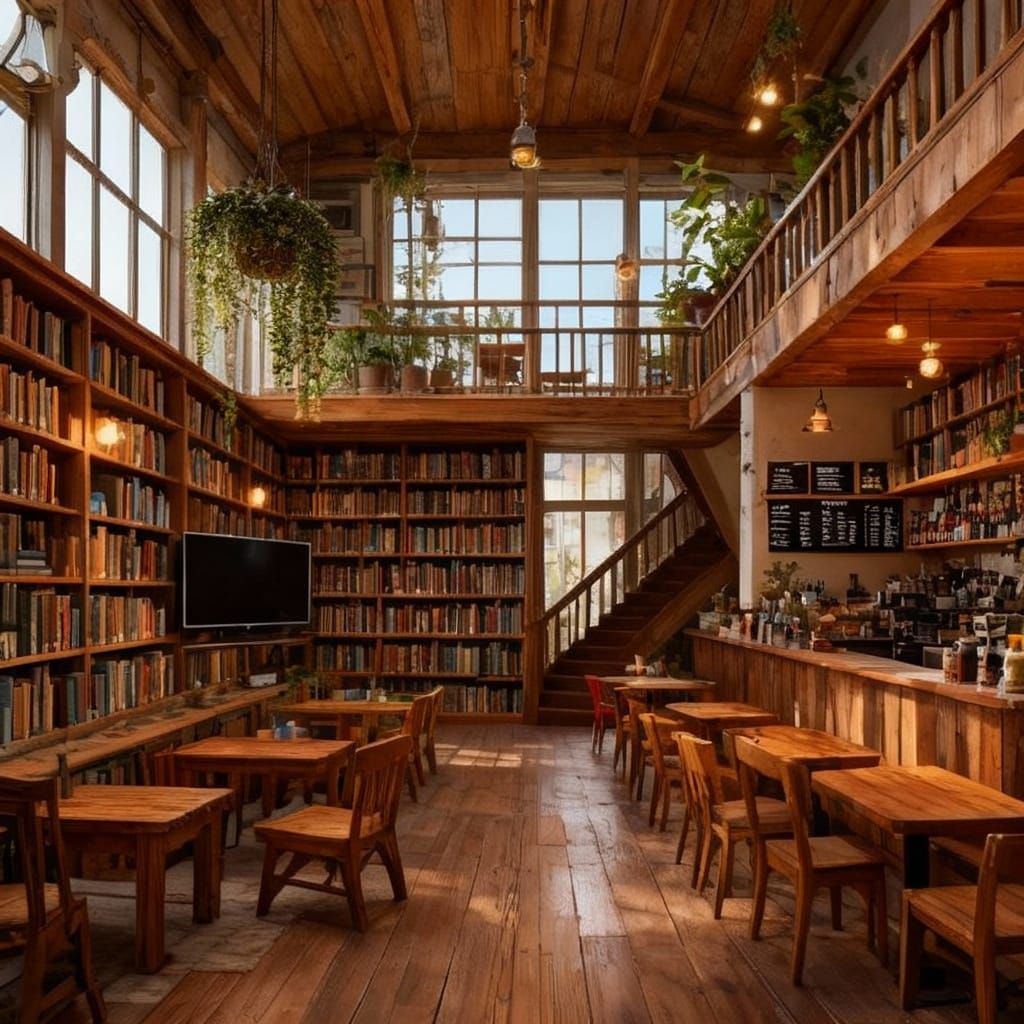 Cozy Rustic Library Cafe with Bookshelves and Warm Lighting