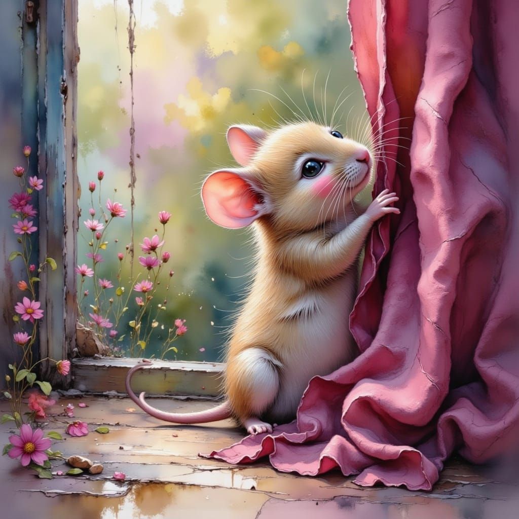 Shy Mouse Hiding in Velvet Curtain