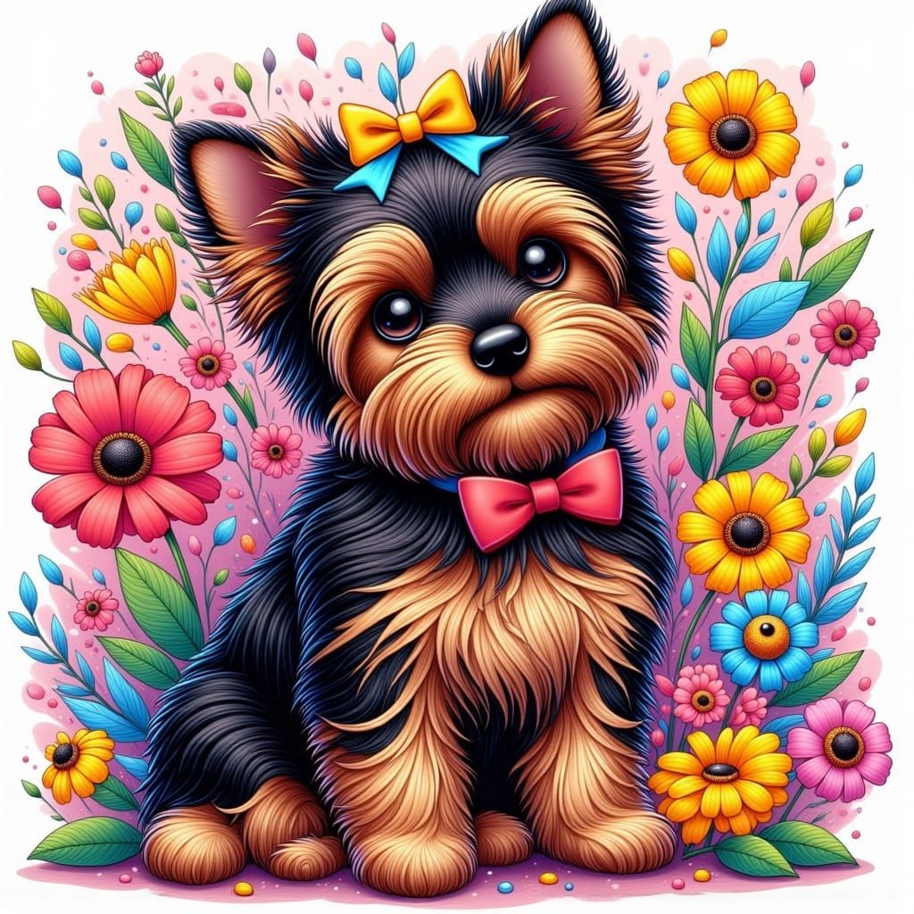 Cute Yorkshire Terrier with Vibrant Floral Background