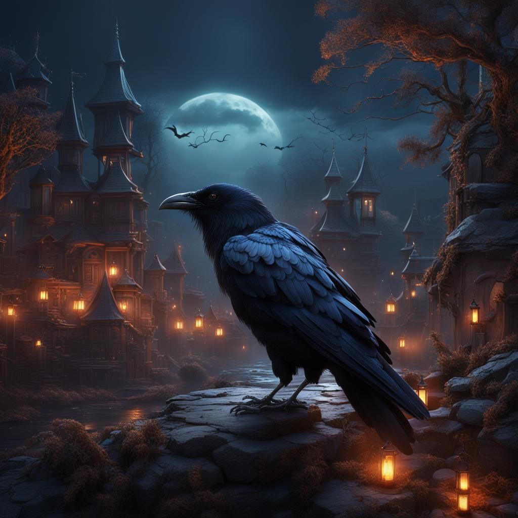 Detailed Crow in Night, Fantasy Concept Art