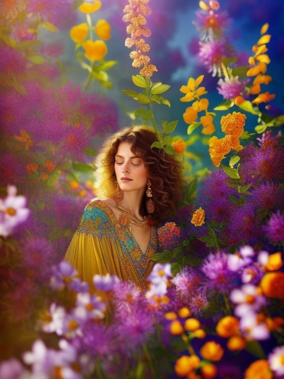 Detailed Portrait of a Goddess with Wildflowers