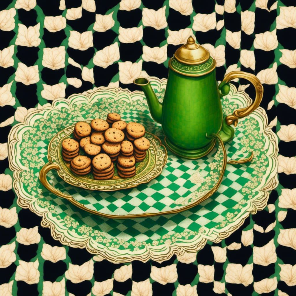 Brass Teapot with Green Napkin and Cookies