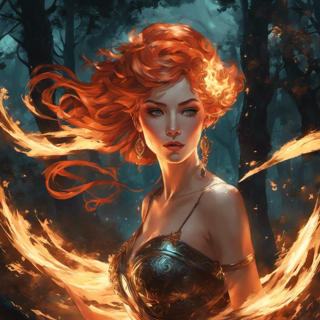 Fiery Enchantress Dancing in Moonlit Forest