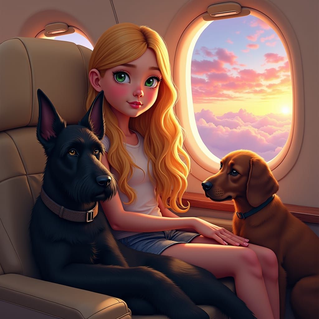 Girl with Dogs on Plane, Dreamlike Digital Art