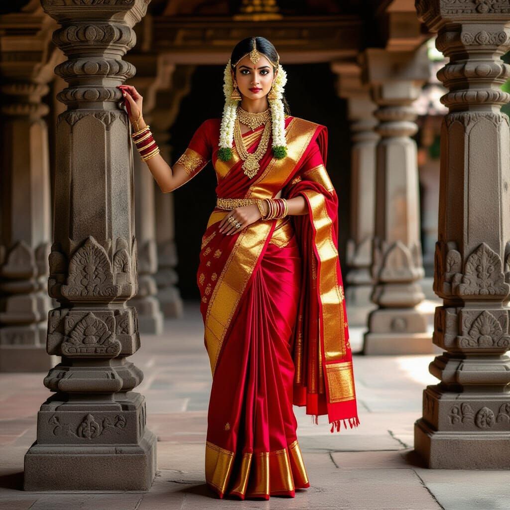 South Indian Woman in Temple, Raja Ravi Varma Style