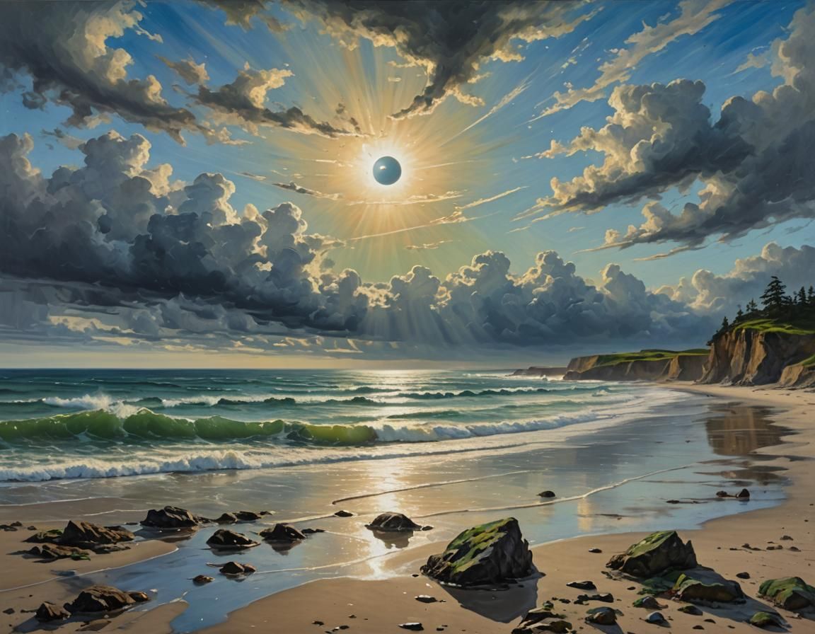 Ocean Solar Eclipse in Oil Painting Style